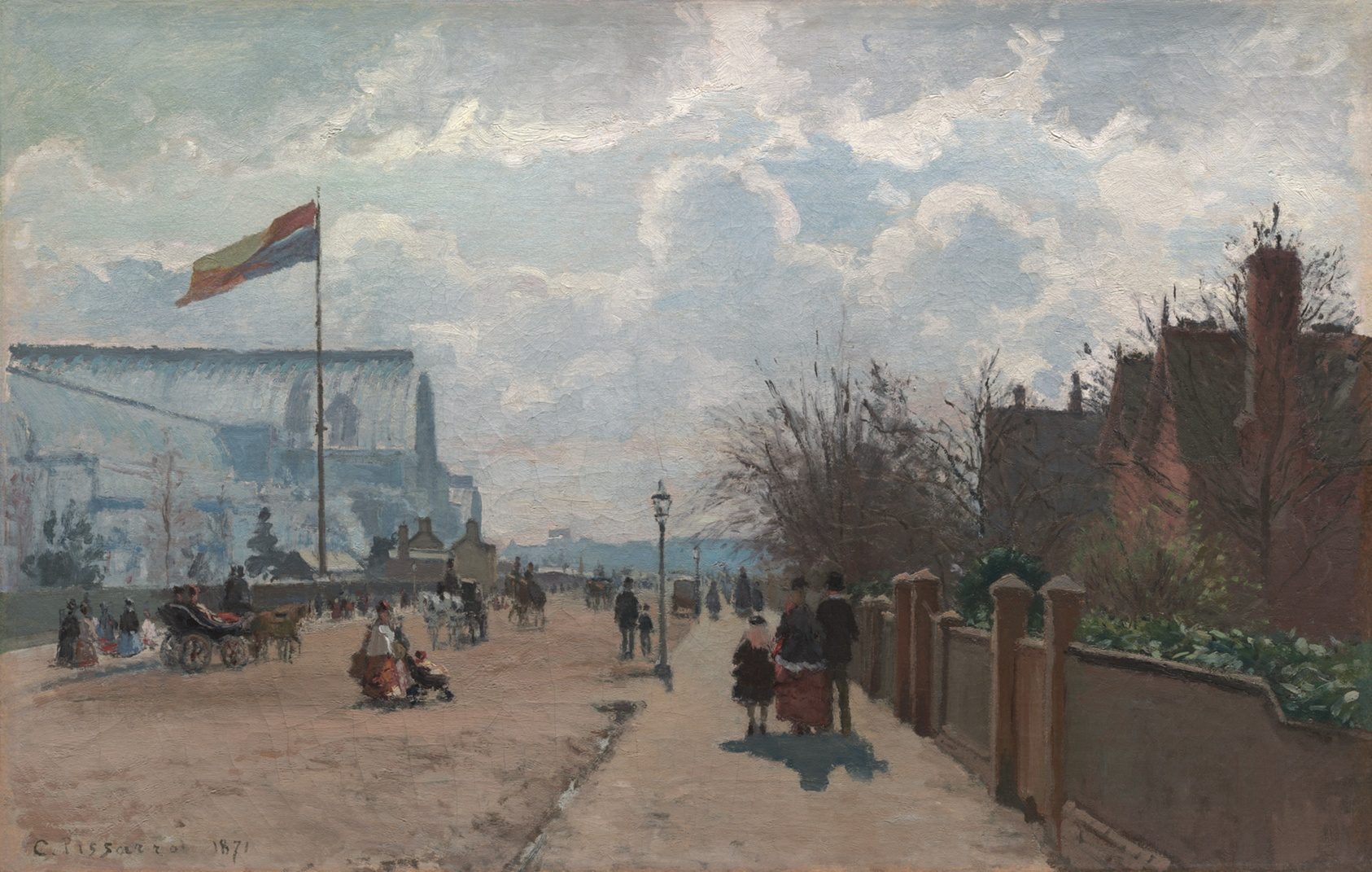 People and carriages on a road beside a large glass building.