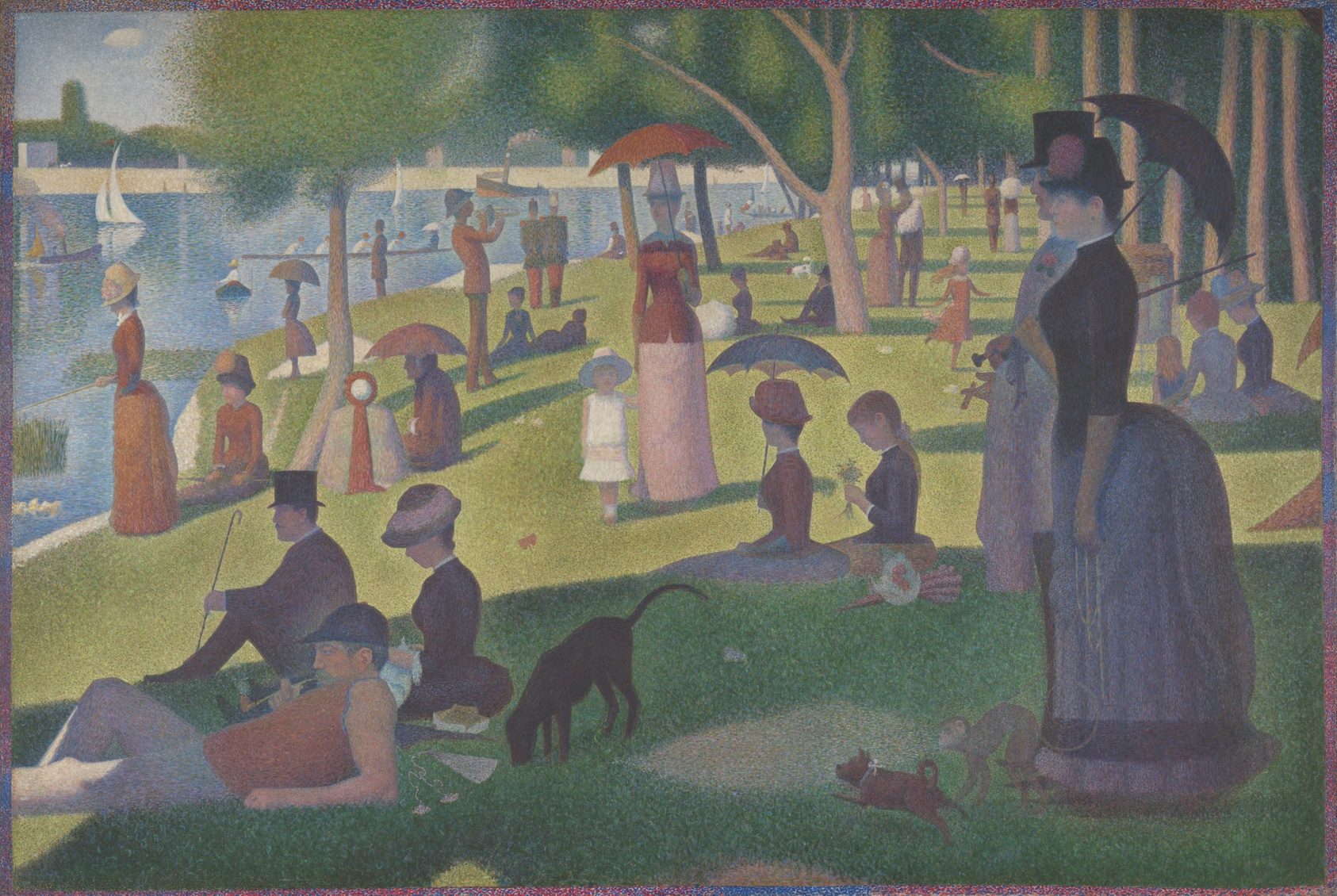 A park by a river, painted in small dots of colour.