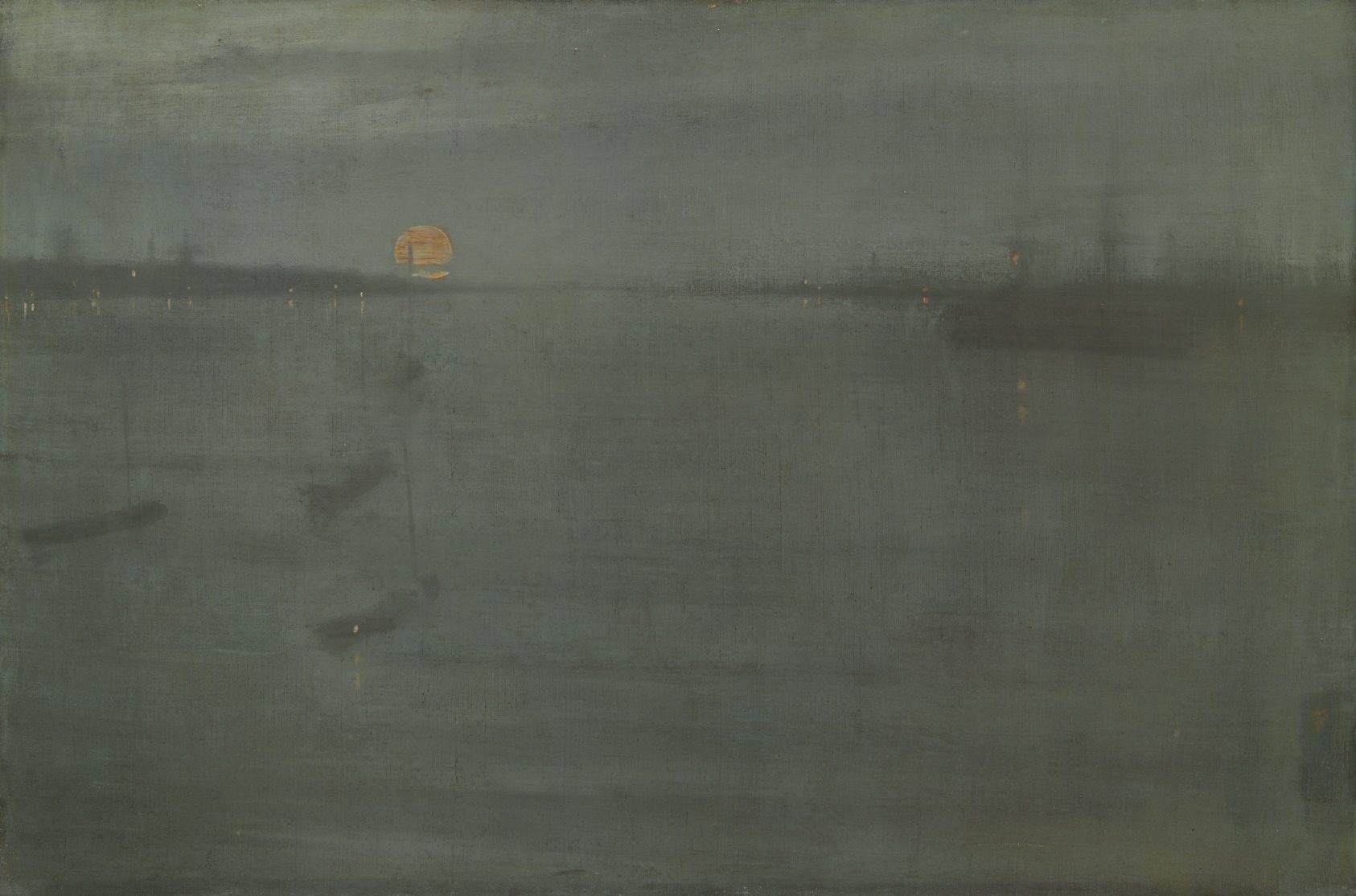 A harbour at night in blue and gold, with ships and a few faint lights.